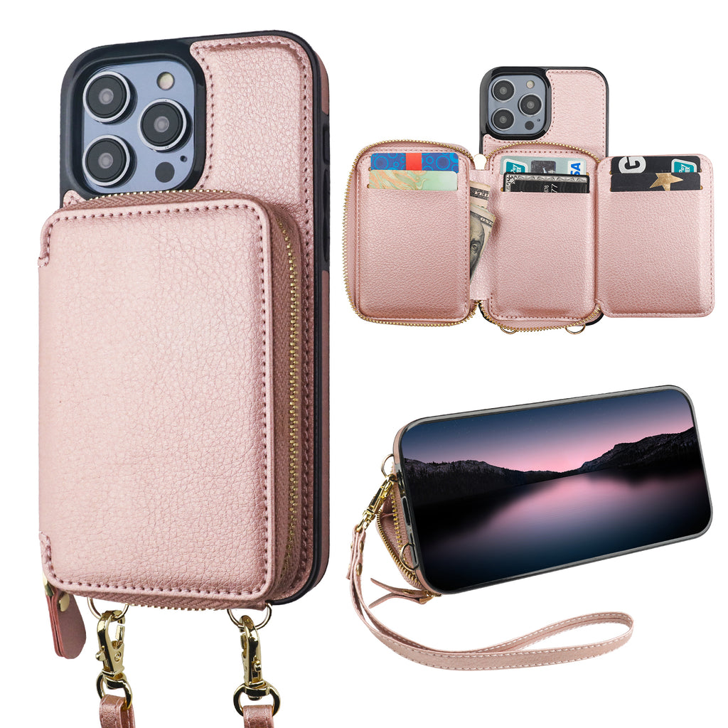  ZVE iPhone 13 Pro Max Magsafe Crossbody Wallet Case, Phone Case  with RFID Bolcking Card Holder Wrist Strap for Women, Zipper Leather Purse  Cover for iPhone 13 Pro Max, 6.7- Rose